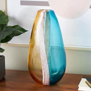 Multi-Colored Ombre Glass Decorative Vase with Brown Textured Stripe Details