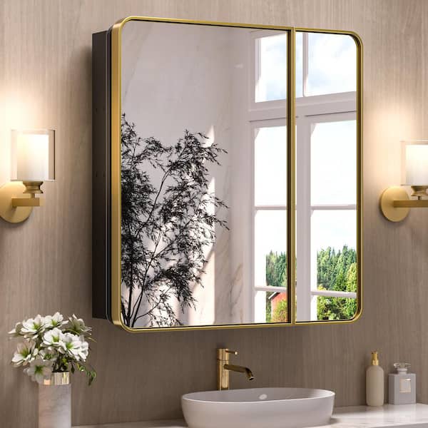 KeonJinn 30 in. W x 32 in. H Rectangular Brass Gold Stainless Steels  Framed Recessed/Surface Mount Medicine Cabinet with Mirror