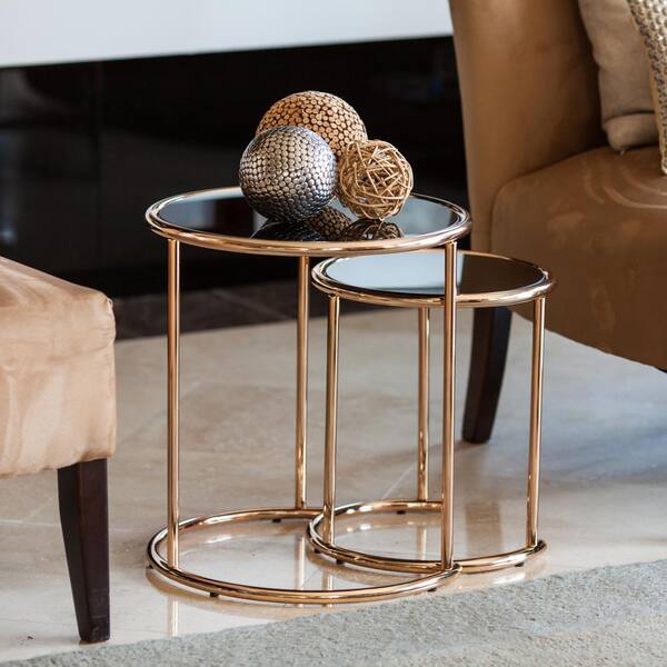 DANYA B Rose Gold Metal Frame and Black Glass-top Nested Round End Tables (Set of 2)