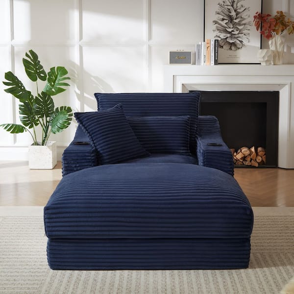 Compression Blue Cotton Twin Size Sofa Bed, Lounge Chair with Double-Layer Cushion, Cup Holders and Side Pockets