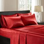 Satin 6-Piece Red Solid Polyester Full Wrinkle-Free Luxurious Sheet Set