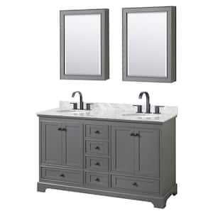 Deborah 60 in. W x 22 in. D x 35 in. H Double Bath Vanity in Dark Gray with White Carrara Marble Top & Med Cab Mirrors