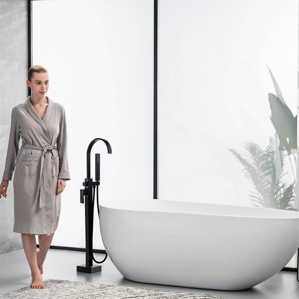 Matte Black Brass Freestanding Waterfall Tub Faucet with Hand Shower
