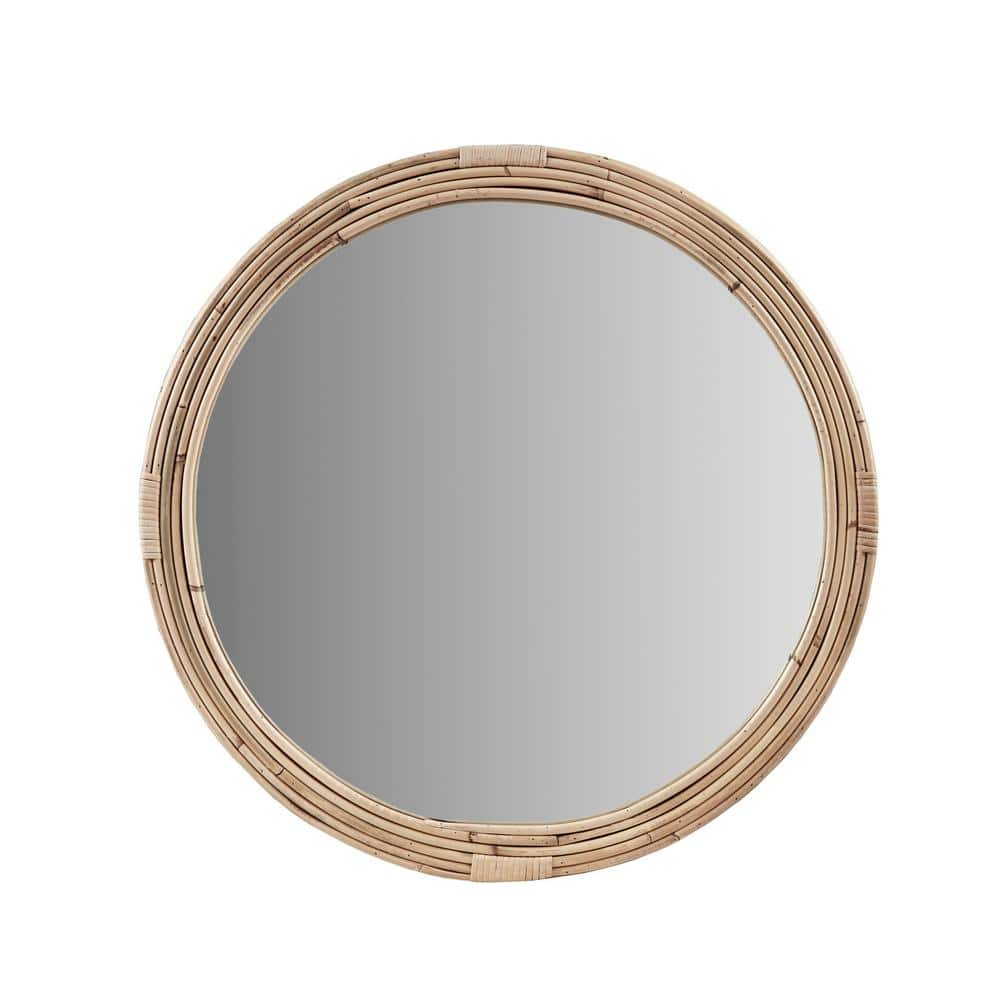 Natural Rattan Round Wall Mirror with Gold Finish