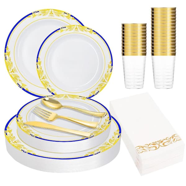 175-Piece Disposable Dinnerware Set with 7.5 in and 10.5 in Heavy-Duty Plastic Plates, Utensils, Cups,