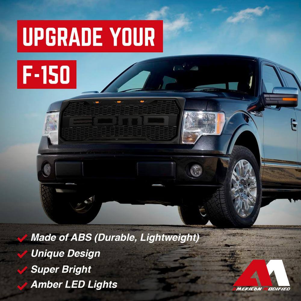 Black Front Upper Grille For 2009-2014 Ford F-150 - Direct Replacement, ABS Plastic