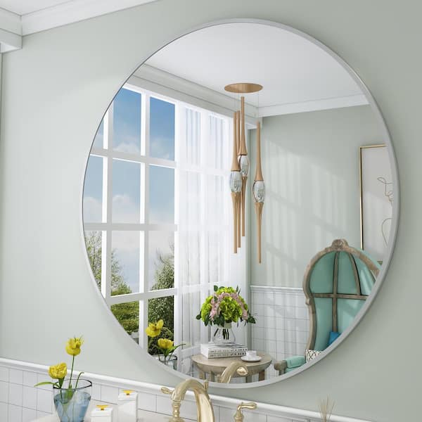 Apmir 40 in. W x 40 in. H Round Aluminum Alloy Framed French Cleat Mounted Wall Decor Bathroom Vanity Mirror in Matte Silver