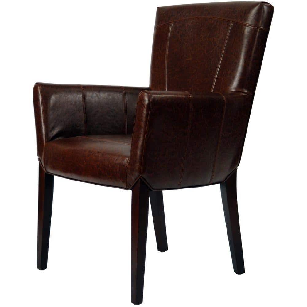 Transitional Ken Arm Chair in Brown Leather and Cherry Mahogany