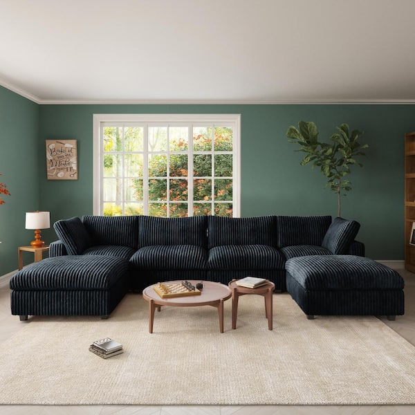 157.48 in. Rabbit Plush Fabric Square Arm 6-Piece U Shaped Modular Sectional Sofa in Black with Ottoman