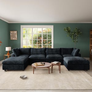 157.48 in. Rabbit Plush Fabric Square Arm 6-Piece U Shaped Modular Sectional Sofa in Black with Ottoman