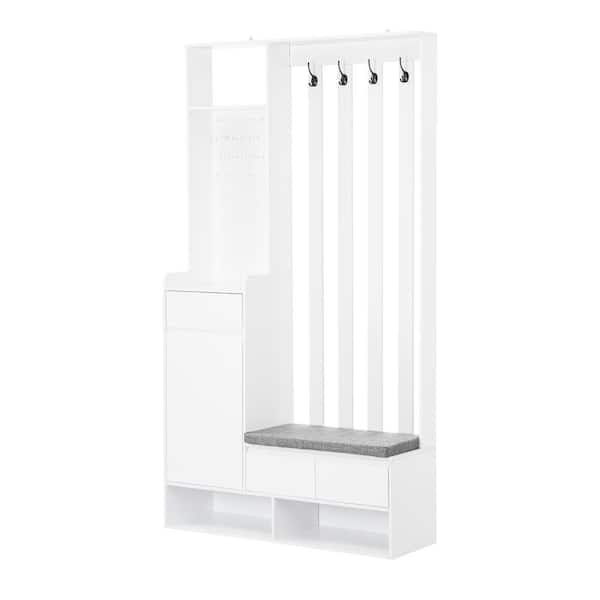 Contemporary 39.3 in. W x 70.8 in. H Hall Tree Storage with Cushioned Storage Bench, Pegboard and 4-Hooks, White