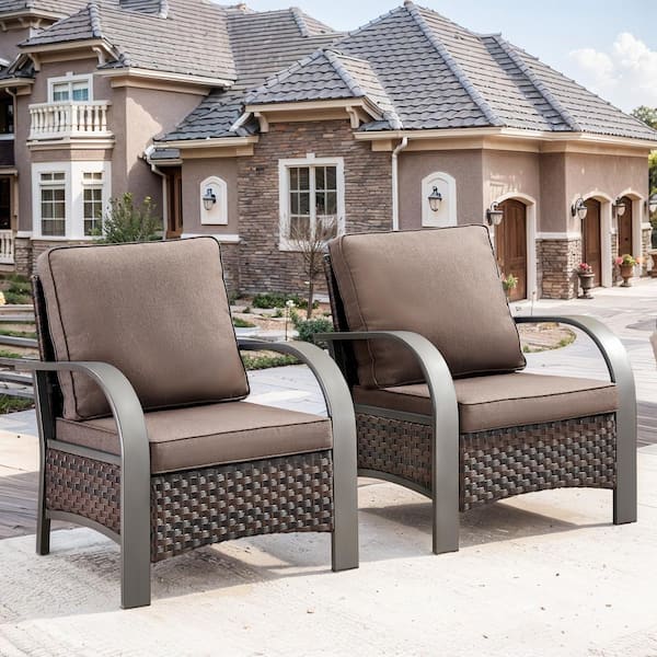 Pocassy Iron Bend Series 2-Pack Brown Wicker Outdoor Patio Lounge Chair with CushionGuard Gray Cushions