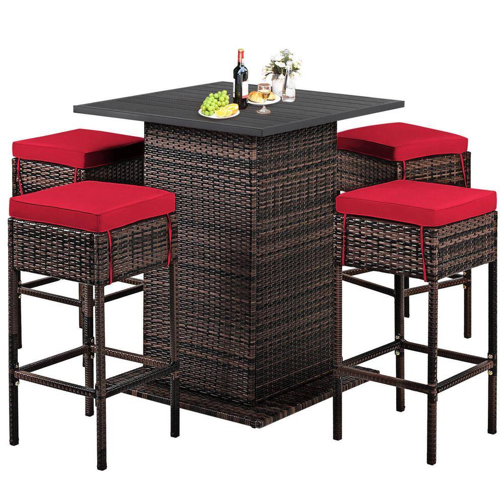 Red Cushioned 5-Piece Brown Wicker Outdoor Bar Set with Storage