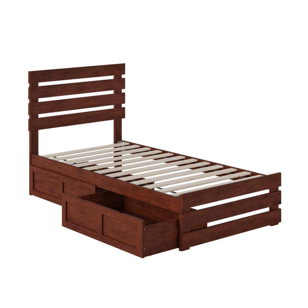 Walnut Twin Wood Platform Bed with Storage Drawers and USB Charger
