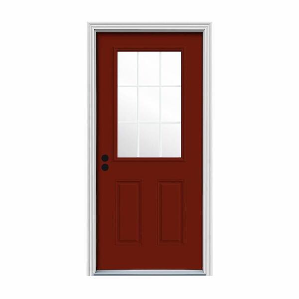 JELD-WEN 34 in. x 80 in. 9 Lite Mesa Red Painted Steel Prehung Right-Hand Inswing Entry Door w/Brickmould