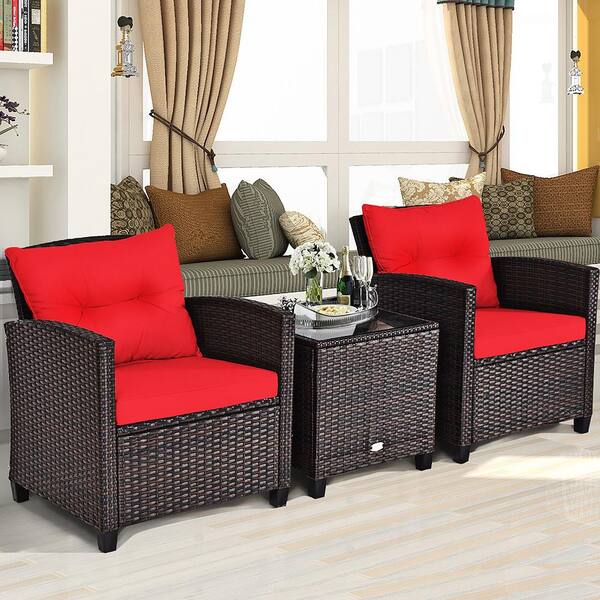 Mix Brown 3-Piece Rattan Wicker Patio Conversation Set Sofa Coffee Table with Red Cushions