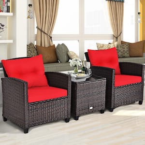 Mix Brown 3-Piece Rattan Wicker Patio Conversation Set Sofa Coffee Table with Red Cushions