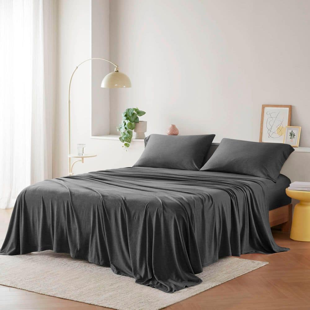 King Dark Grey Polyester Jersey Knit Sheet Set