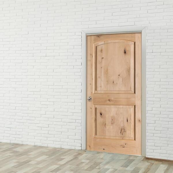 Krosswood Doors 36 in. x 80 in. Rustic Knotty Alder 2-Panel Top Rail Arch Solid Wood Core Stainable Left-Hand Prehung Exterior Door