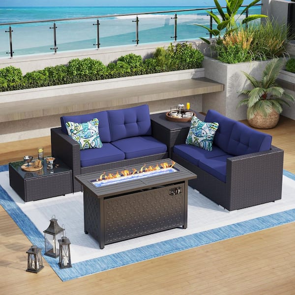 Brown Rattan Wicker 4 Seat 5-Piece Steel Outdoor Fire Pit Patio Set with Blue Cushions and Rectangular Fire Pit Table