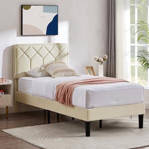 Bed Frame with Upholstered Headboard, Beige Metal Frame Twin Platform Bed with Strong Frame and Wooden Slats Support
