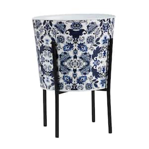 16 in. Oriental Blue and White Classic Round Metal Planter with Stand