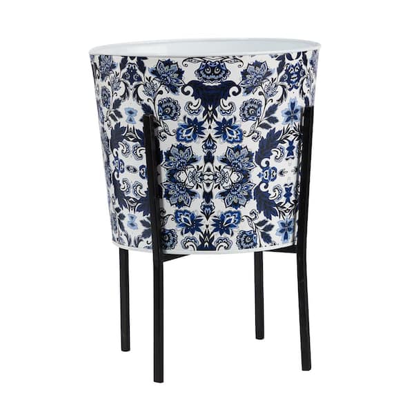 Nearly Natural 16 in. Oriental Blue and White Classic Round Metal Planter with Stand