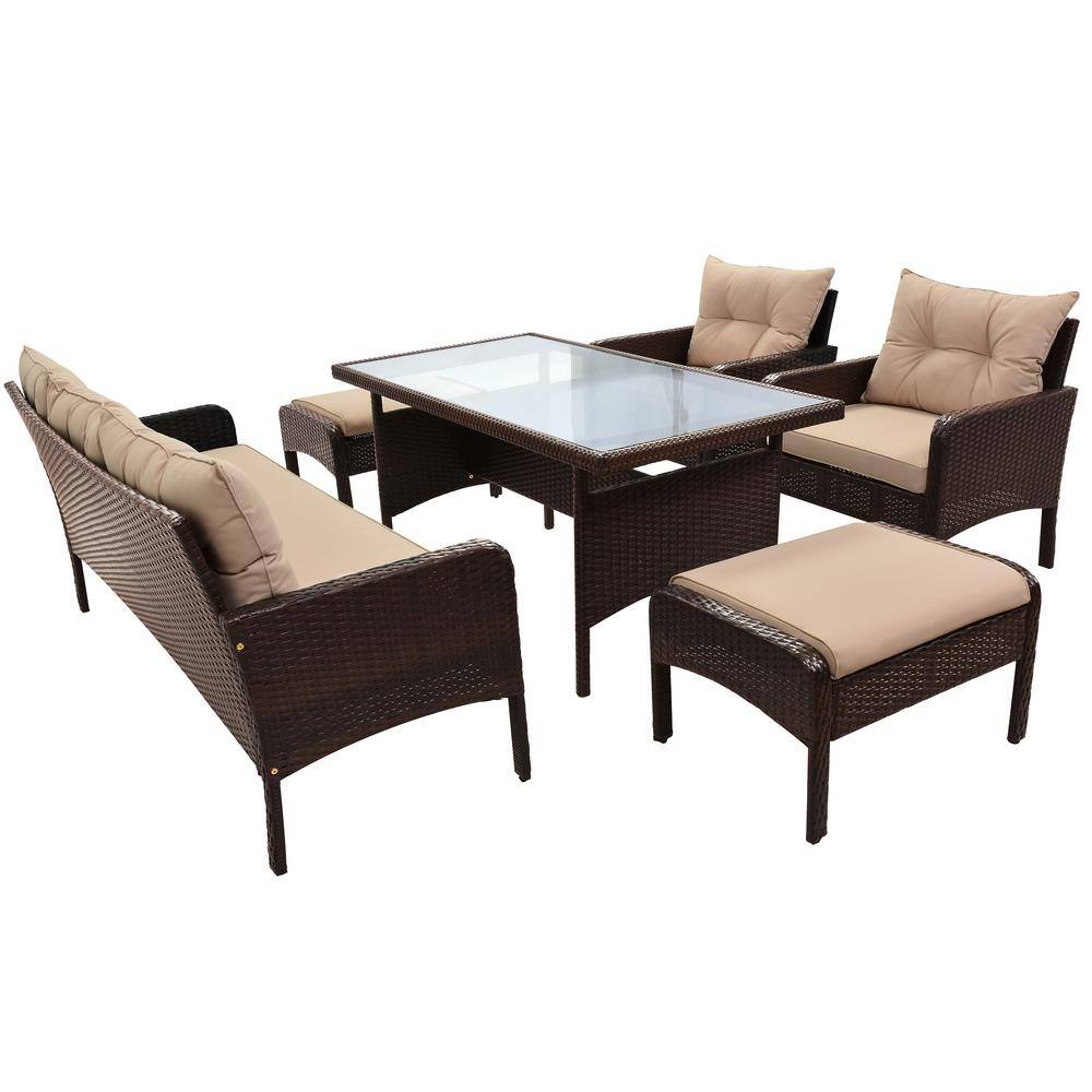 6-Piece PE Wicker Outdoor Dining Table Set with Removable Coffee Cushions