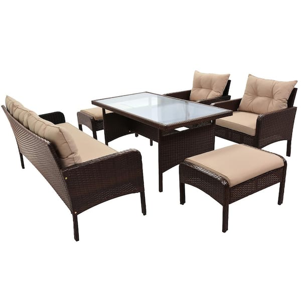 Unbranded 6-Piece PE Wicker Outdoor Dining Table Set with Removable Coffee Cushions
