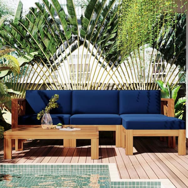 Unbranded 5-Pieces Wood Outdoor Sectional Set and Coffee Table for Garden Balcony Poolside Outdoor with Beige Cushions