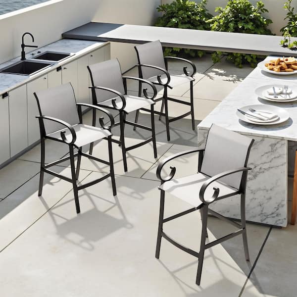 Black Aluminum Outdoor Leisure Sunbrella Outdoor Bar Stool in Augustine Oyster (Pack of 4)