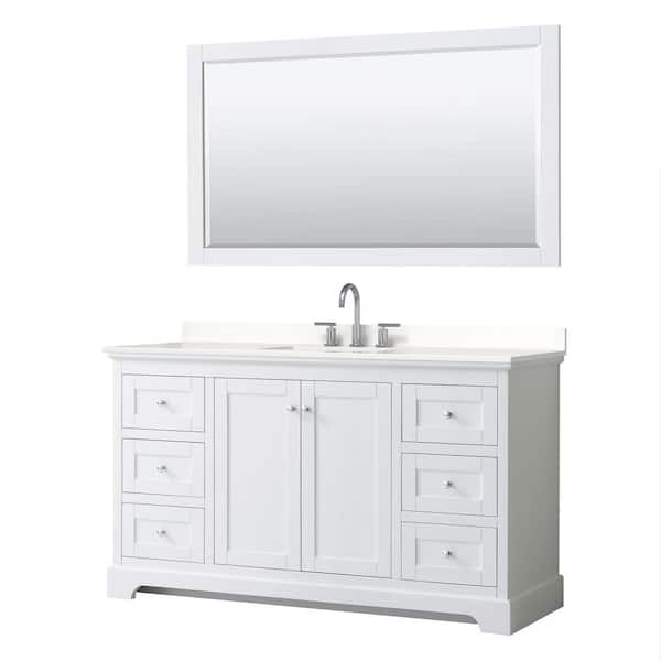 Wyndham Collection Avery 60 in. W x 22 in. D x 35 in. H Single Bath Vanity in White with White Quartz Top and 58 in. Mirror