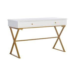 Becca 47.5 in. Rectangular White/Gold Wood 2-Drawer Desk with Storage