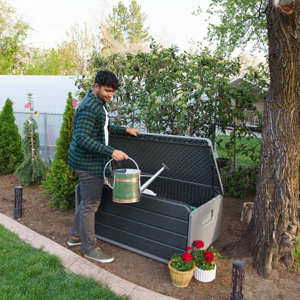 Gray Lockable Plastic Outdoor Storage Deck Box, 136 Gallon