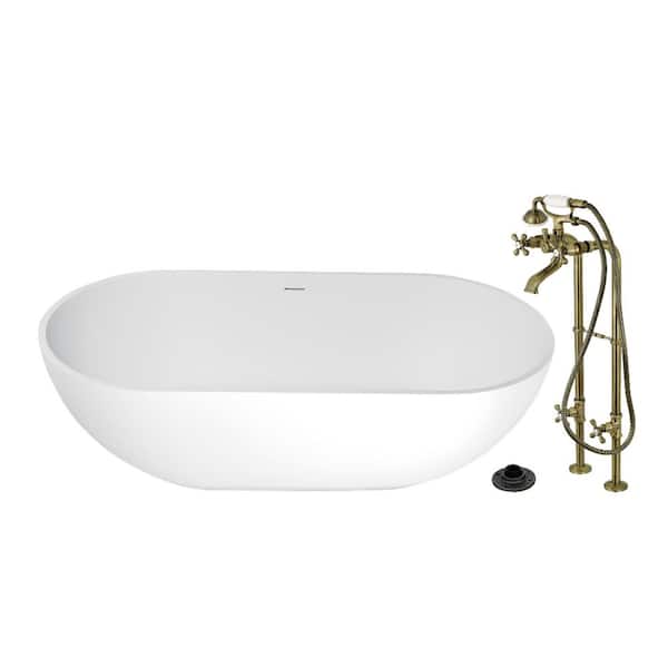Arcticstone 70.1 in. x 34.6 in. Surface White Stone Flatbottom Soaking Freestanding Bathtub in White/Antique Brass