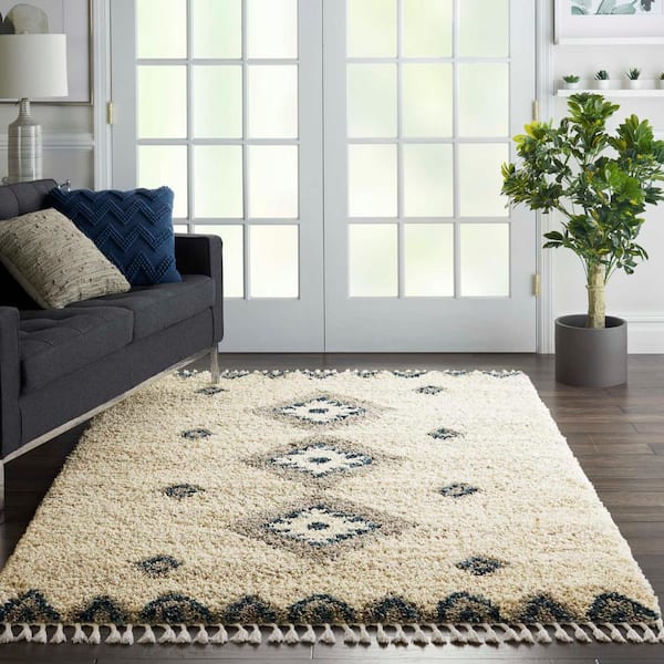 Adonis Ivory/Blue 5 ft. x 8 ft. Shag Contemporary Area Rug