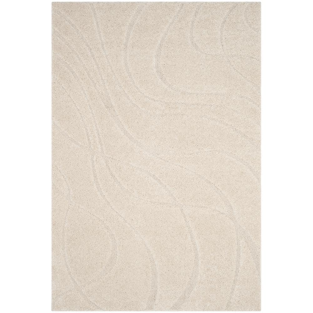 Cream Beige Rectangular Shag 6' x 9' Synthetic Rug