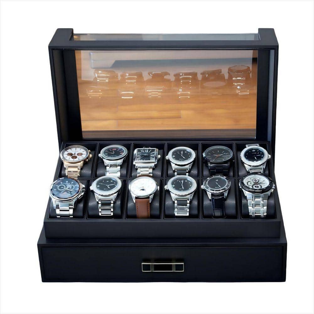12 Slot Wooden Watch Case With Drawer and Glass Lid, 2-Layer Watch Holder for Jewelry and Watch Storage, Black