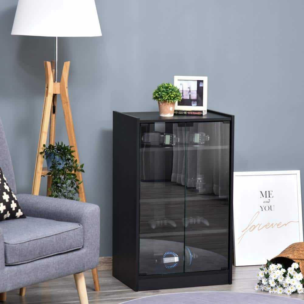 Black 5-Tier Media Console with Tempered Glass Doors