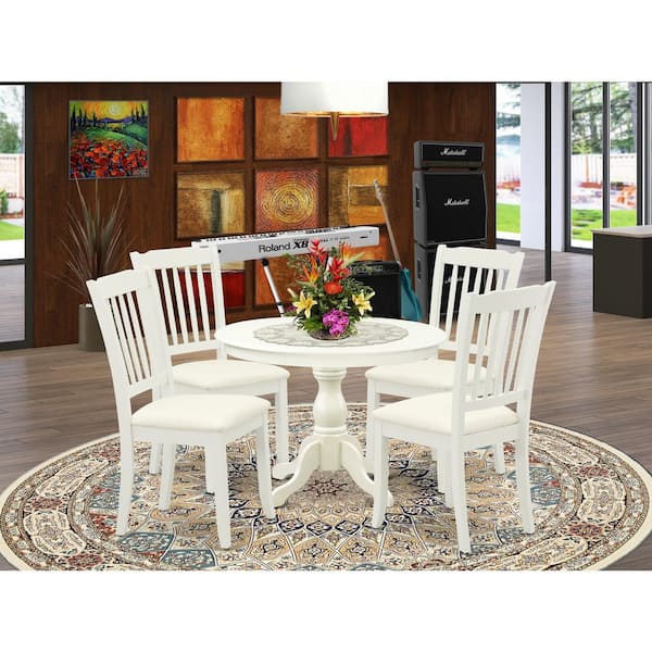 5-Piece Round Linen White Finish Solid Wood Top Dining table with 4-Chairs with Slat Back
