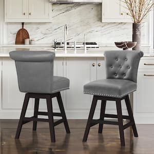 26 in. Dark Grey Faux Leather Swivel Barstool Solid Wood Counter Stool with Nail Head Trim Tufted Backrest (Set of 2)