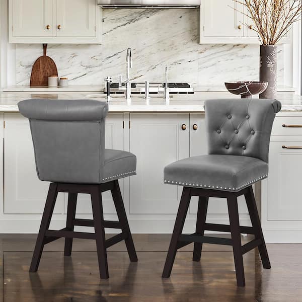 cozyman 26 in. Dark Grey Faux Leather Swivel Barstool Solid Wood Counter Stool with Nail Head Trim Tufted Backrest (Set of 2)