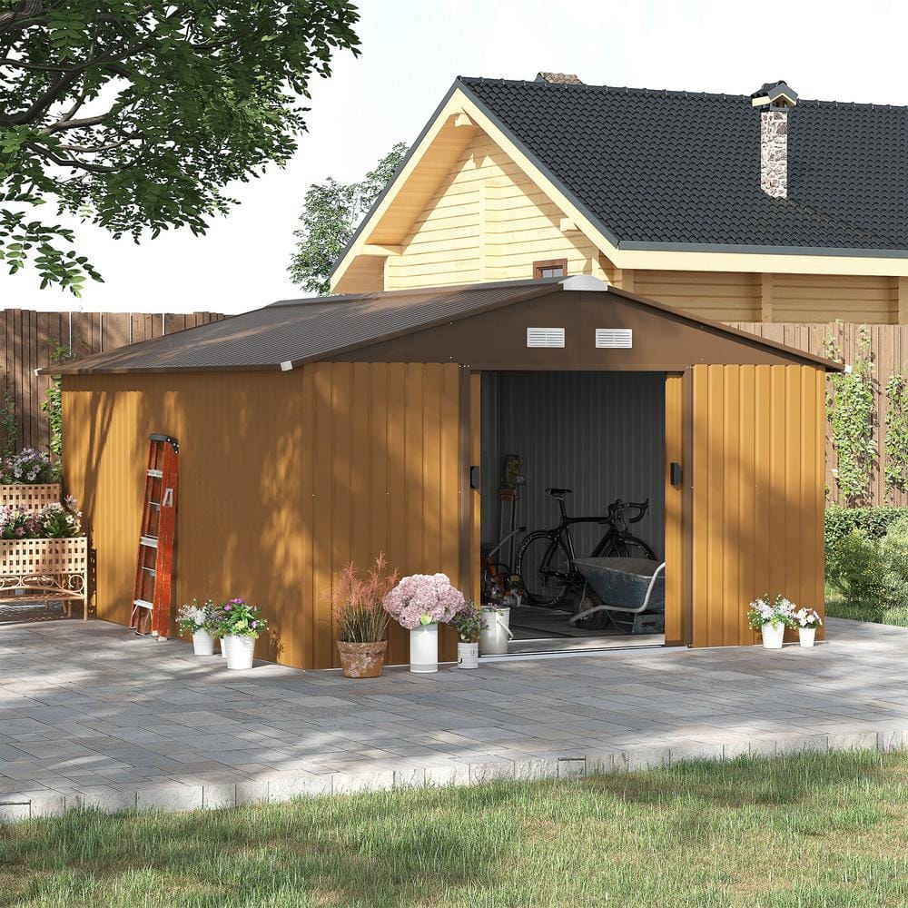 Large Brown and Yellow Metal Storage Shed with Windows