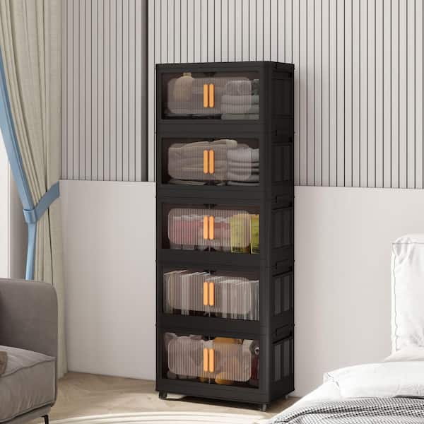 5 Tiers Black 60 in. H Accent Storage Cabinet with Magnetic Door and Wheels