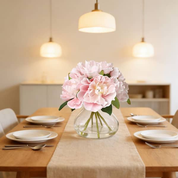 9.8 in. Pink Artificial Peonies Floral Arrangement in Glass Vase