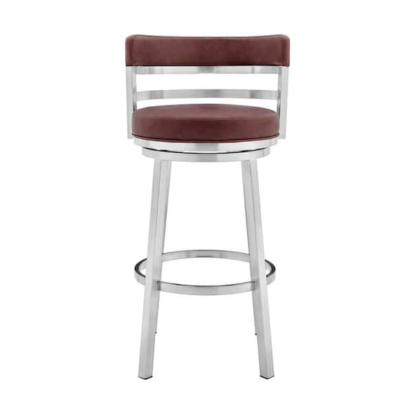 Armen Living Titana 36-40 in. Red/Brushed Stainless Steel Metal 30 in. Bar Stool with Faux Leather Seat