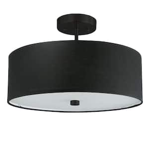 Everly 14.25 in. 3-Light Matte Black Semi-Flush Mount with Black Fabric Shade