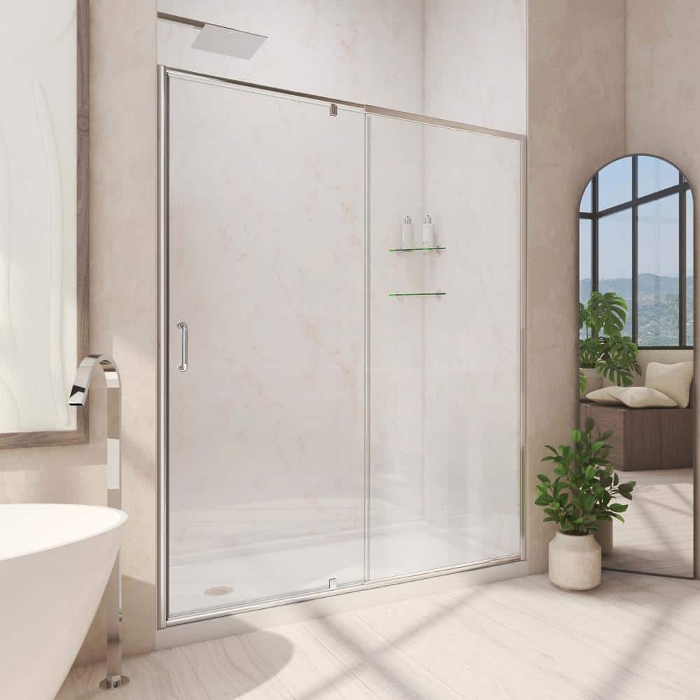 Flex 60 in. W x 32 in. D x 74.75 in. Framed Pivot Shower Door in Chrome with Left Drain White Acrylic Base Kit price history on PriceWatchPro