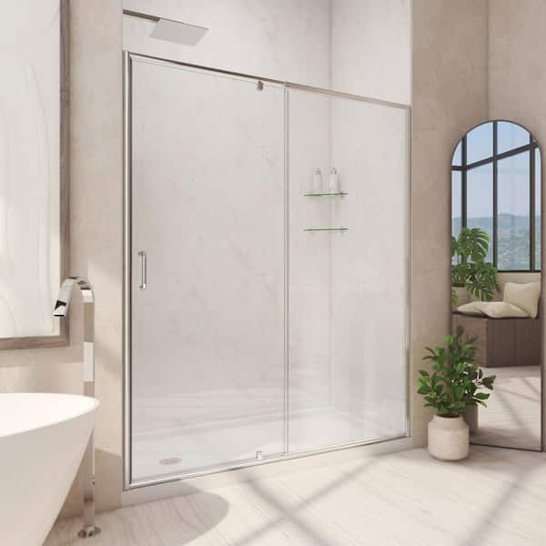 DreamLine Flex 60 in. W x 32 in. D x 74.75 in. Framed Pivot Shower Door in Chrome with Left Drain White Acrylic Base Kit