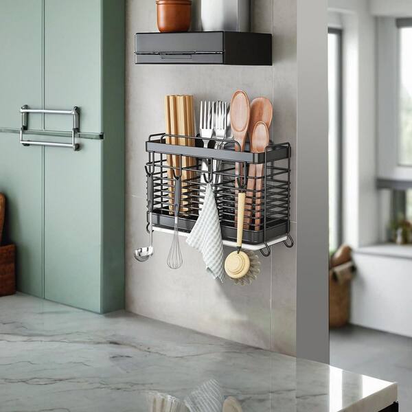 Black Stainless Steel Kitchen Utensil Holder Rack with Drain Tray and Hooks, Countertop or Wall Mount Organizer